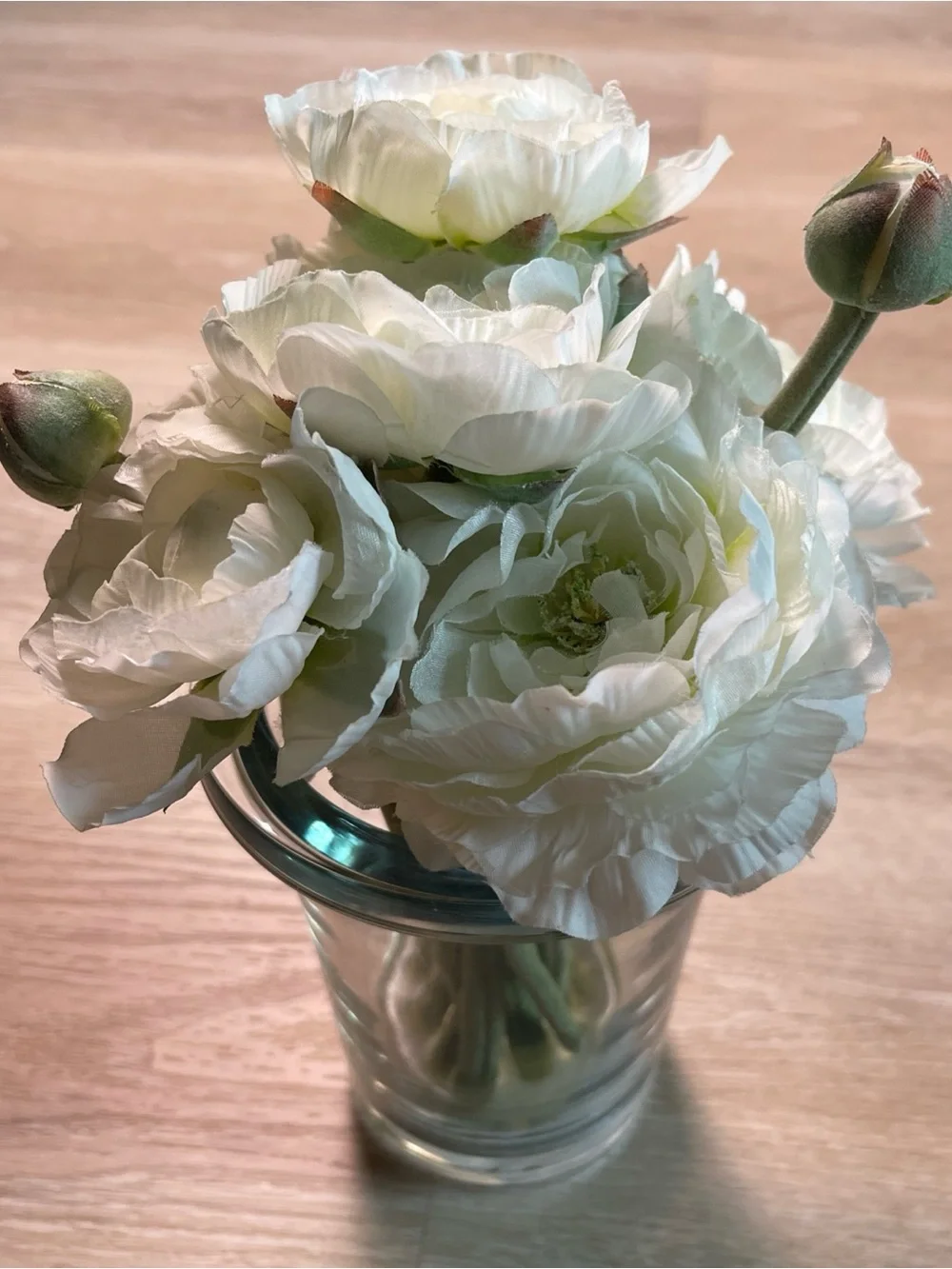 THOMAS O’BRIEN White Peony Ranunculus Faux Floral Arrangement clear flared glass